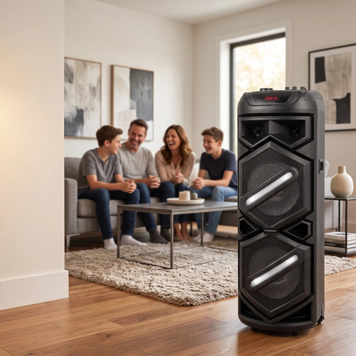 Parlante Bluetooth Master Sonic MS-2842BT Doble Woofer 8” Recargable con Luces LED y Radio FM