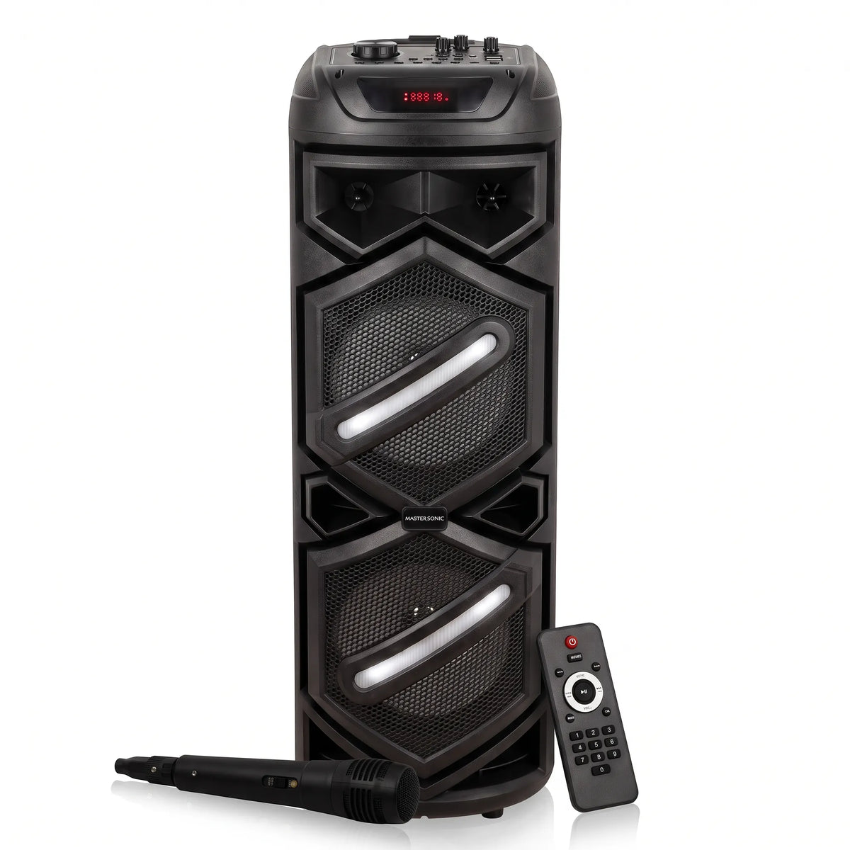 Parlante Bluetooth Master Sonic MS-2842BT Doble Woofer 8” Recargable con Luces LED y Radio FM