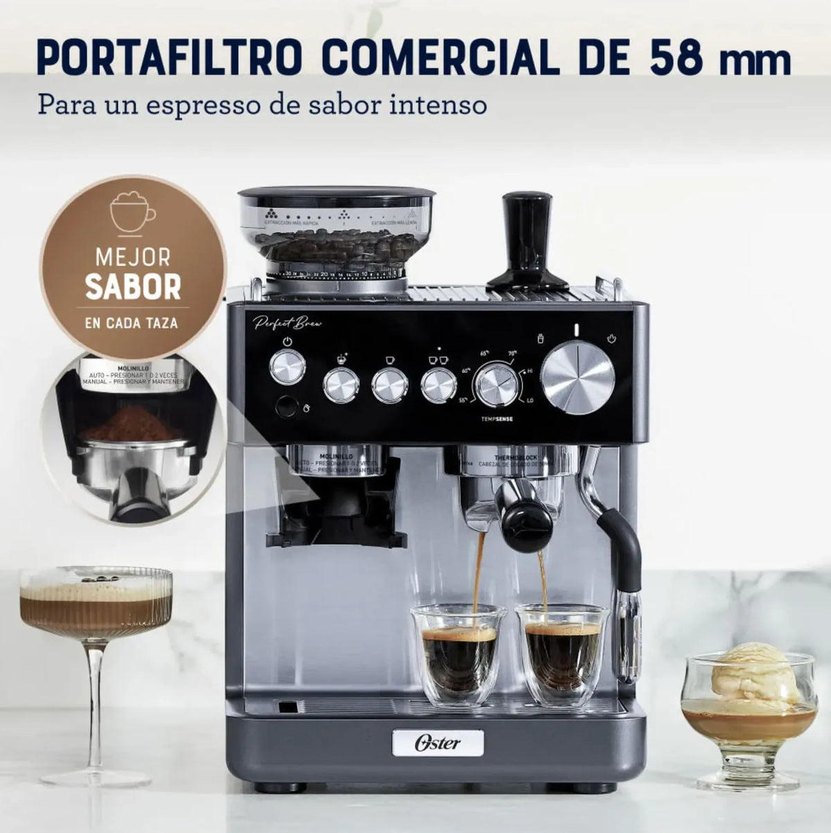 Cafetera Espresso Oster Perfect Brew BVSTEM7301 con Molino Integrado y 30 Niveles de Molienda