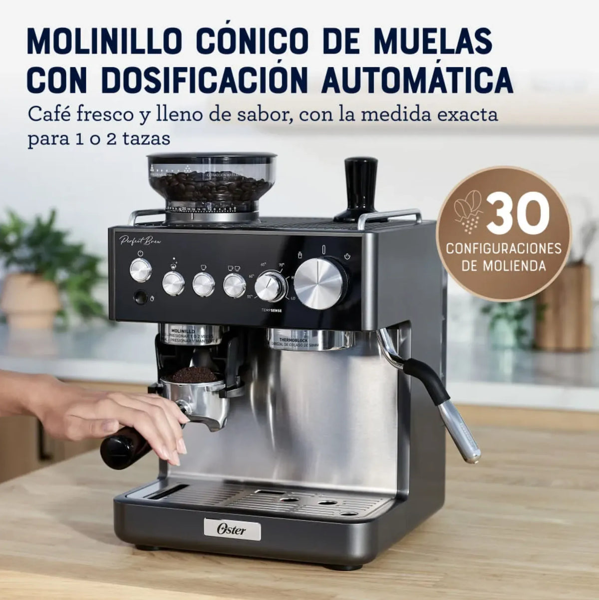 Cafetera Espresso Oster Perfect Brew BVSTEM7301 con Molino Integrado y 30 Niveles de Molienda