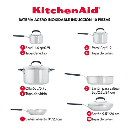 Batería 10Pzs, acero inoxidable, placa de inducción, KitchenAid.